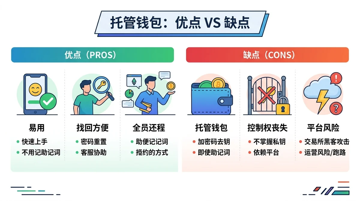 托管钱包优缺点信息图：左侧列出优点（易用、找回方便），右侧列出缺点（控制权丧失、平台风险）
