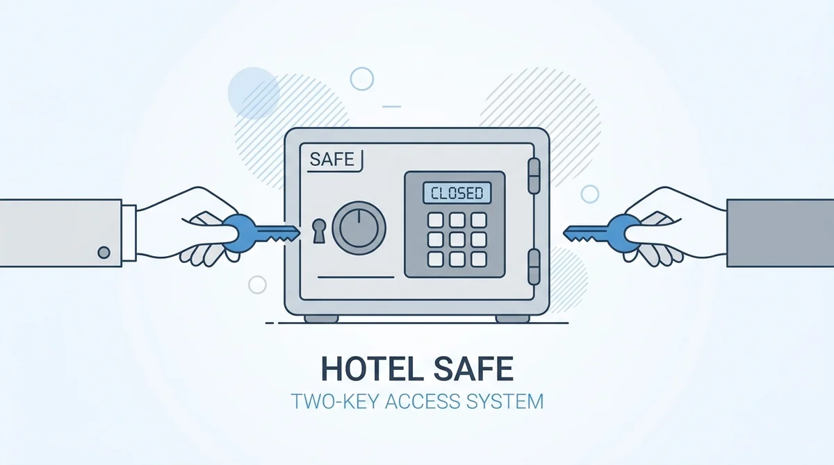 Flat icon of a hotel safe with two keys, one key held by a front desk hand and one by a user hand, clean minimal style, blue