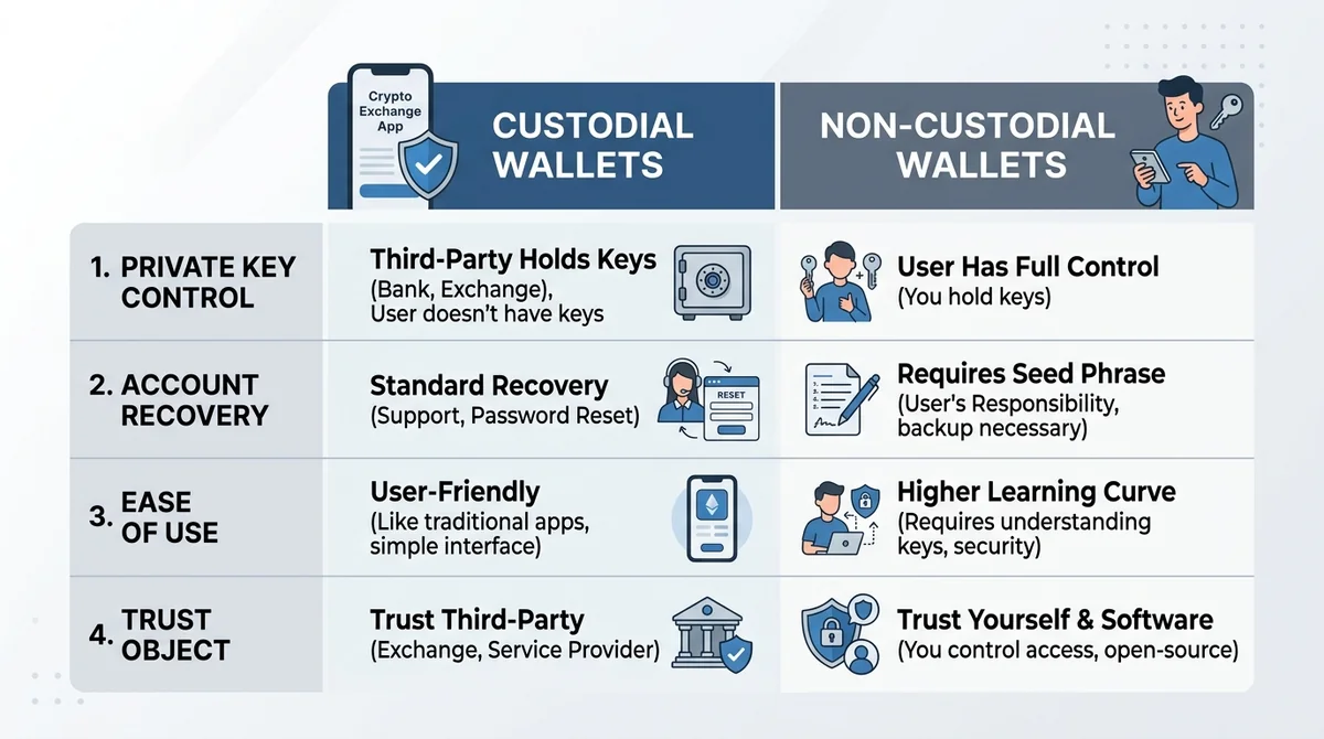 Wide 16:9 horizontal comparison table graphic, two columns for custodial and non-custodial wallets, four rows for features: p