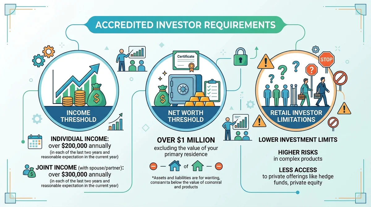 Infographic illustrating accredited investor requirements: income threshold, net worth threshold, and note about retail inves