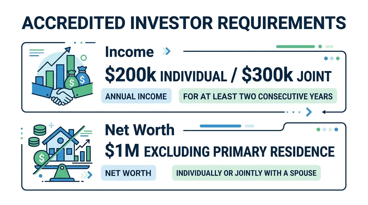 Wide 16:9 horizontal infographic, two main sections with icons: 'Income' showing $200k individual / $300k joint, 'Net Worth'