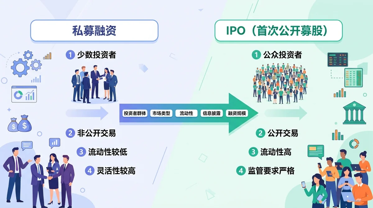 IPO与私募融资对比信息图:左侧为私募融资(少数投资者),右侧为IPO(公众投资者),中间用箭头连接,标注关键差异