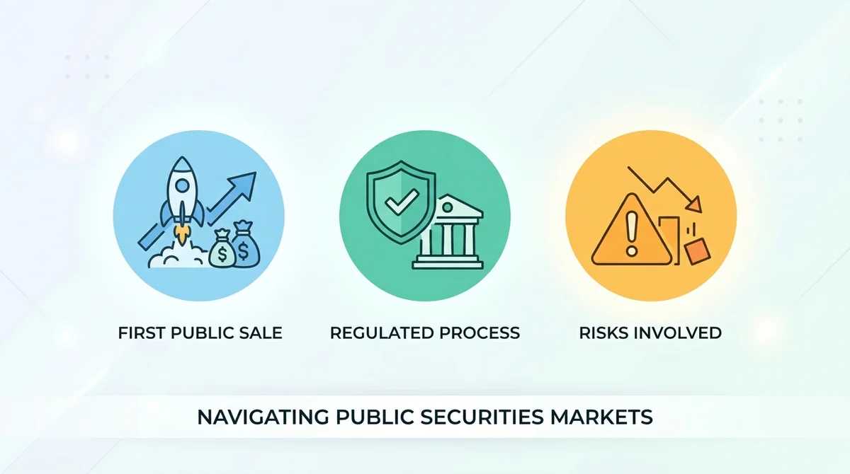 Wide 16:9 horizontal infographic, three clean flat icons with short English labels 'First Public Sale', 'Regulated Process',