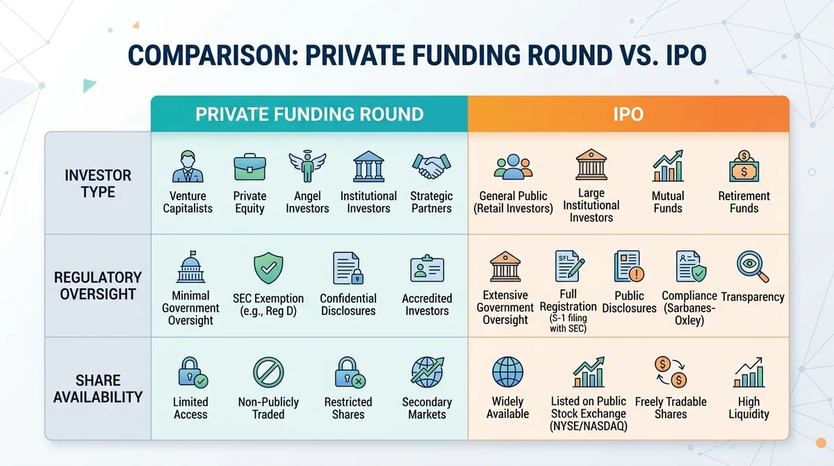 Wide 16:9 horizontal comparison chart, clean table layout with two columns labeled 'Private Funding Round' and 'IPO', rows fo