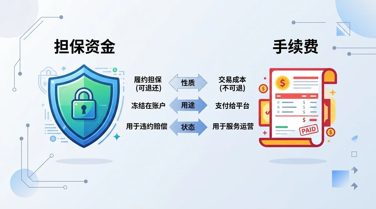 保证金与手续费区别示意图：左侧显示'担保资金'图标（盾牌），右侧显示'费用'图标（账单），中间用箭头表示区别