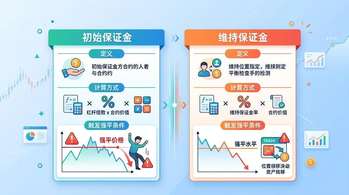 初始保证金与维持保证金对比表格：展示定义、计算方式、触发强平条件