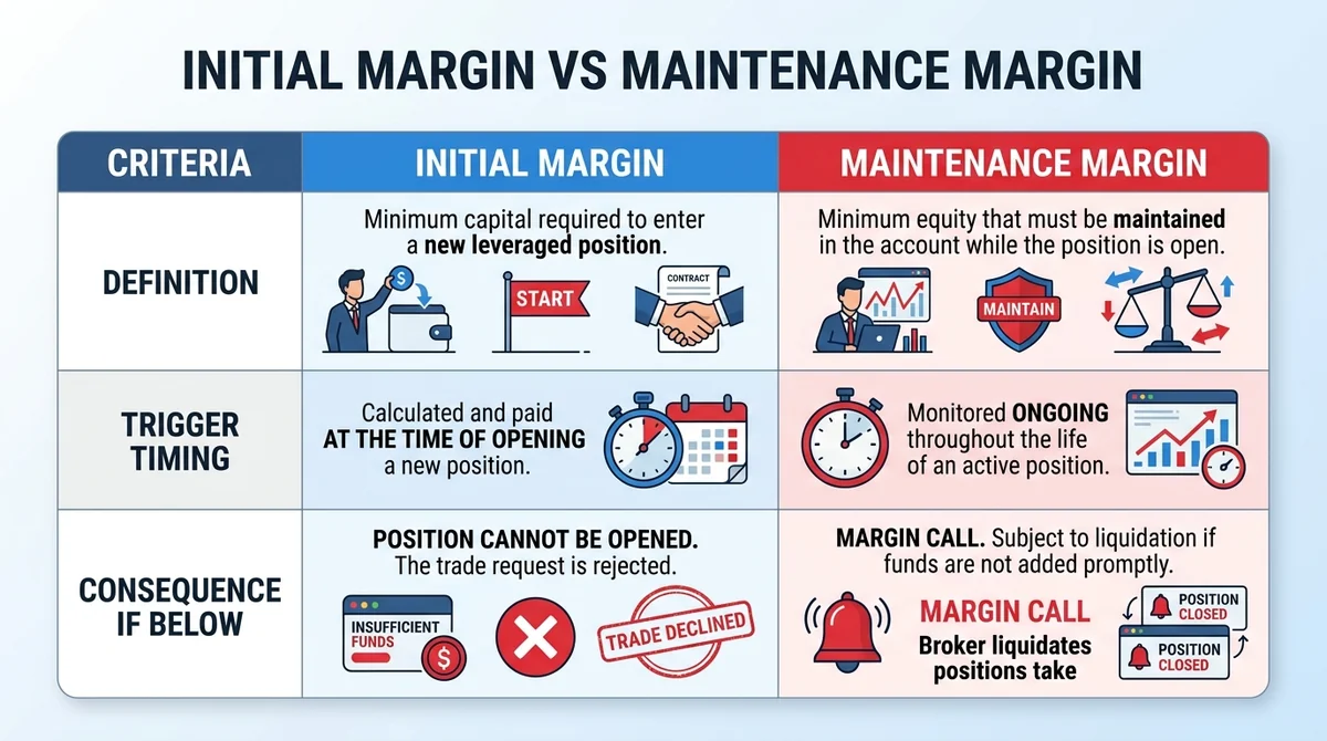 Wide 16:9 horizontal comparison table with two columns: Initial Margin and Maintenance Margin. Rows: Definition, Trigger timi