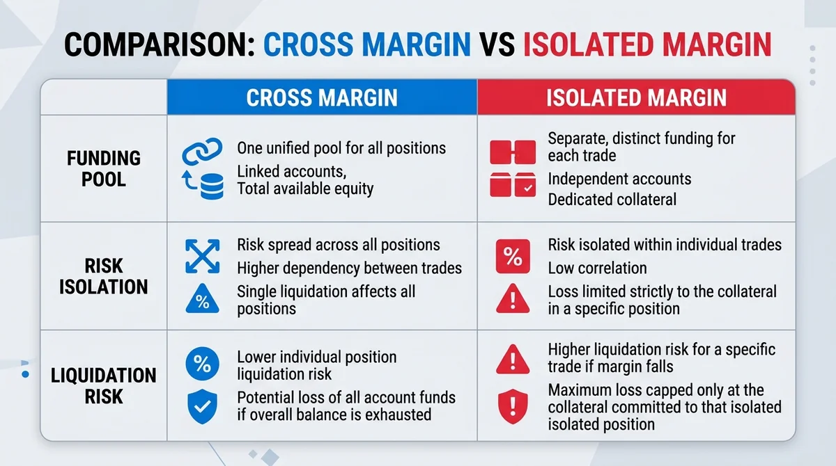 Wide 16:9 horizontal comparison table with two columns: Cross Margin and Isolated Margin. Rows: Funding pool, Risk isolation,