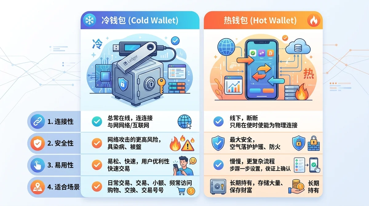 冷钱包与热钱包对比表格，展示连接性、安全性、易用性、适合场景等维度