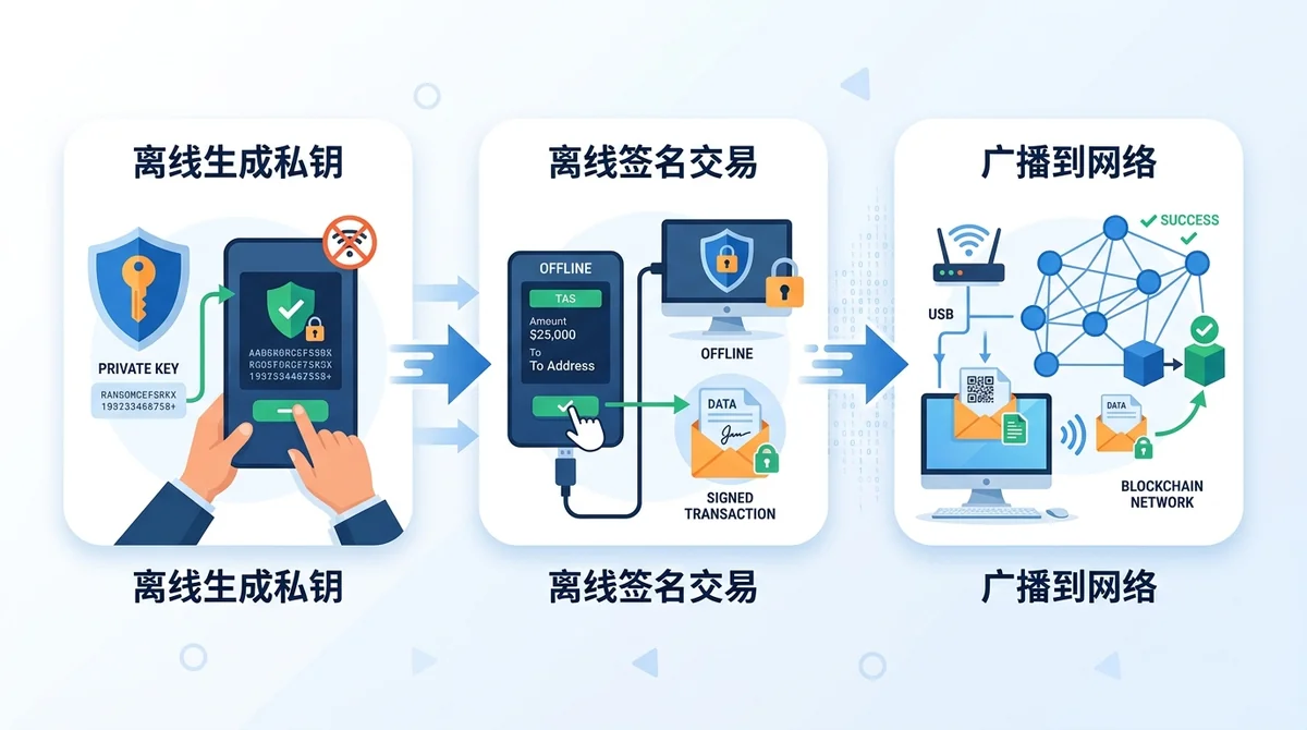 冷钱包交易签名流程信息图：离线生成私钥→离线签名交易→广播到网络，三个步骤用箭头连接