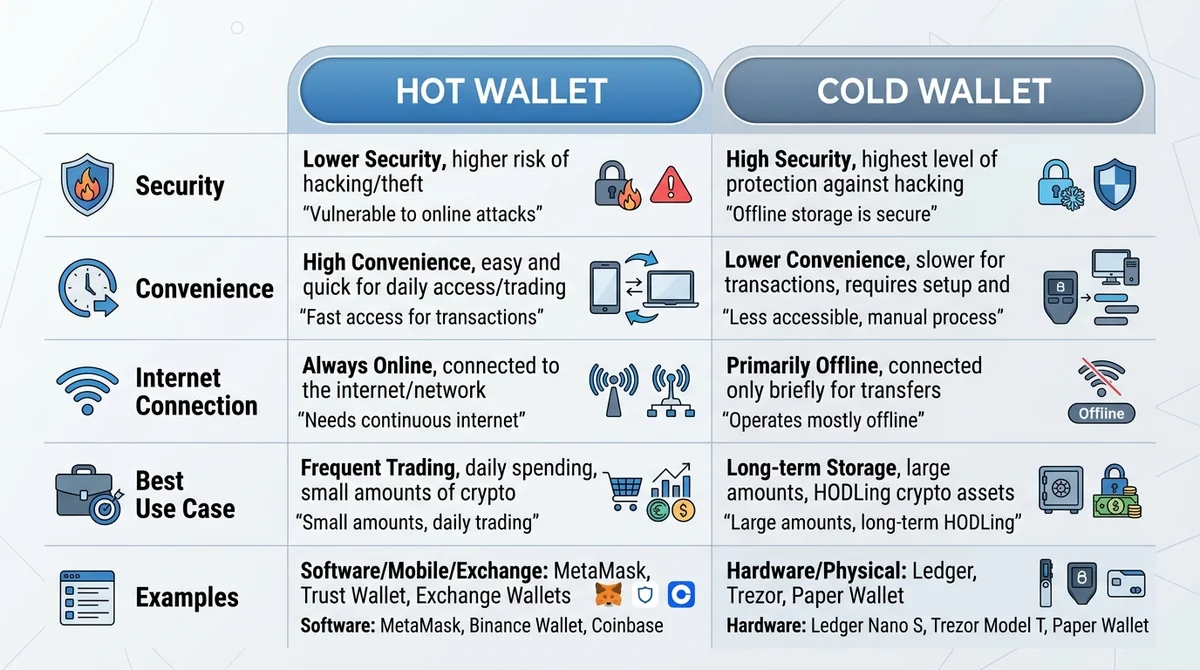 Wide 16:9 horizontal comparison table, two columns for Hot Wallet and Cold Wallet, rows for Security, Convenience, Internet C