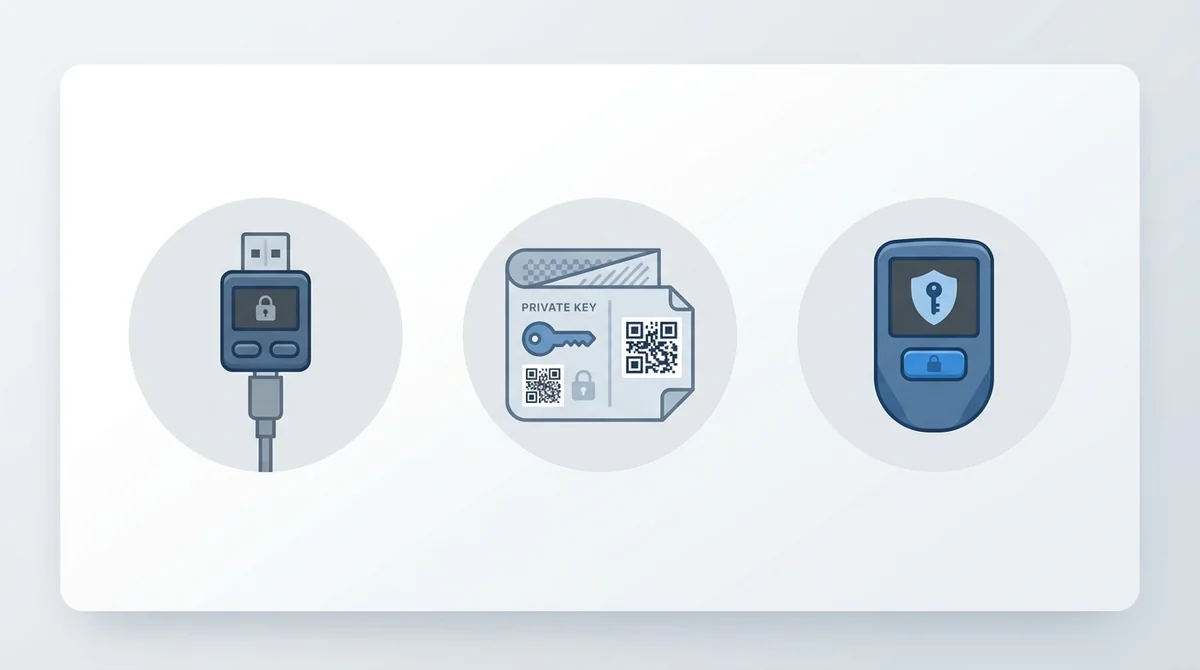 Wide 16:9 horizontal set of three flat icons: hardware wallet, paper wallet, and offline device, clean minimal design, blue a