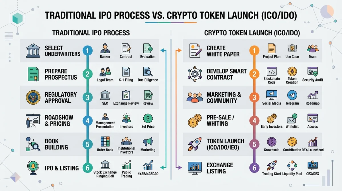 Comparison table or diagram showing traditional IPO process vs crypto token launch process, with key steps and differences