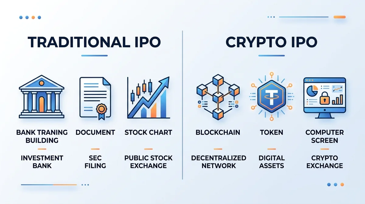 Wide 16:9 horizontal infographic. Left side labeled 'Traditional IPO' with icons of a bank building, a document, and a stock