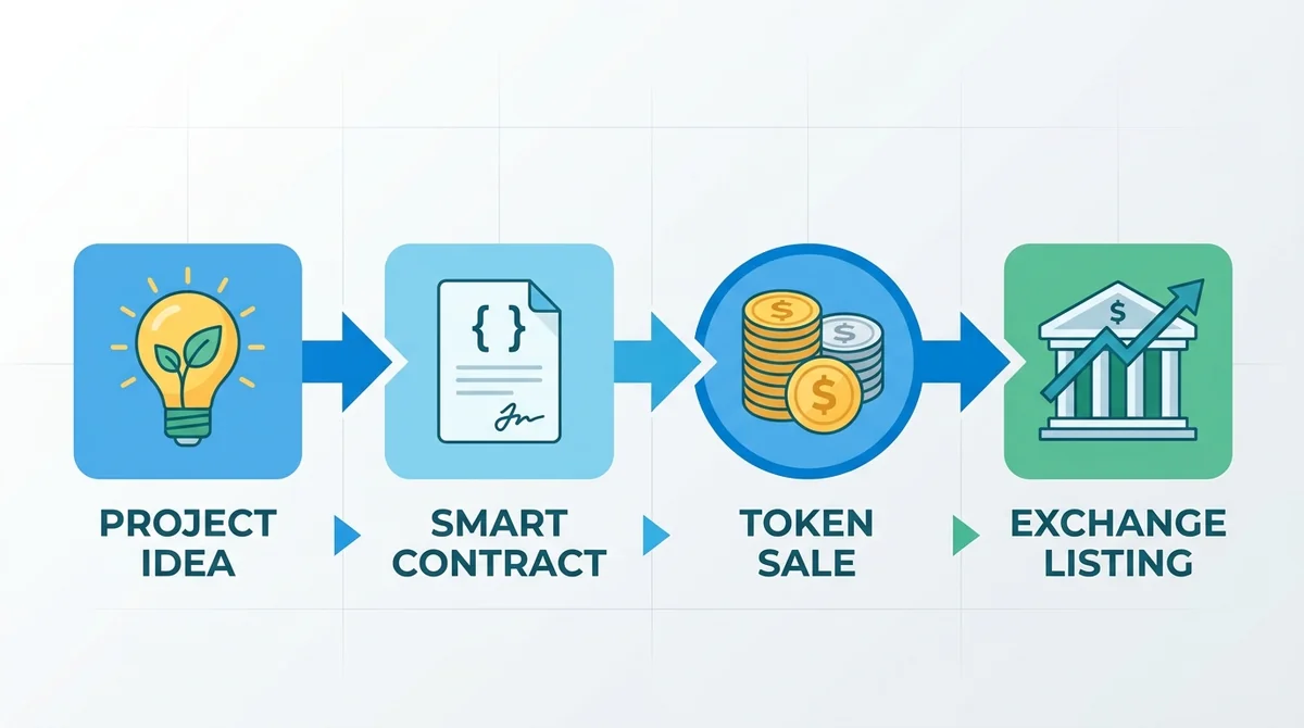 Wide 16:9 horizontal diagram showing a four-step flow from left to right: 'Project Idea' -> 'Smart Contract' -> 'Token Sale'