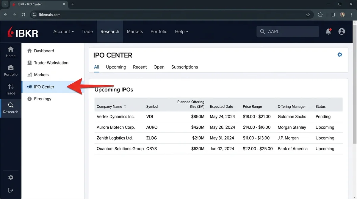 Interactive Brokers platform screenshot showing the IPO Center with a list of upcoming IPOs, highlighted with an arrow pointi