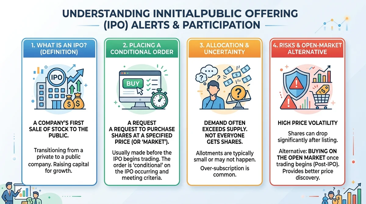 Wide 16:9 horizontal infographic, flat icon style, four key points with icons: IPO definition, conditional order, allocation