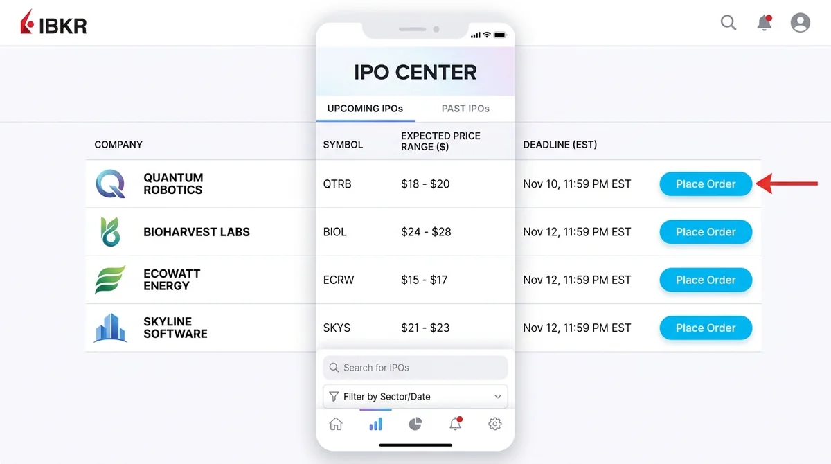Screenshot of Interactive Brokers IPO Center, list of upcoming IPOs with columns for expected price range and deadline, red a