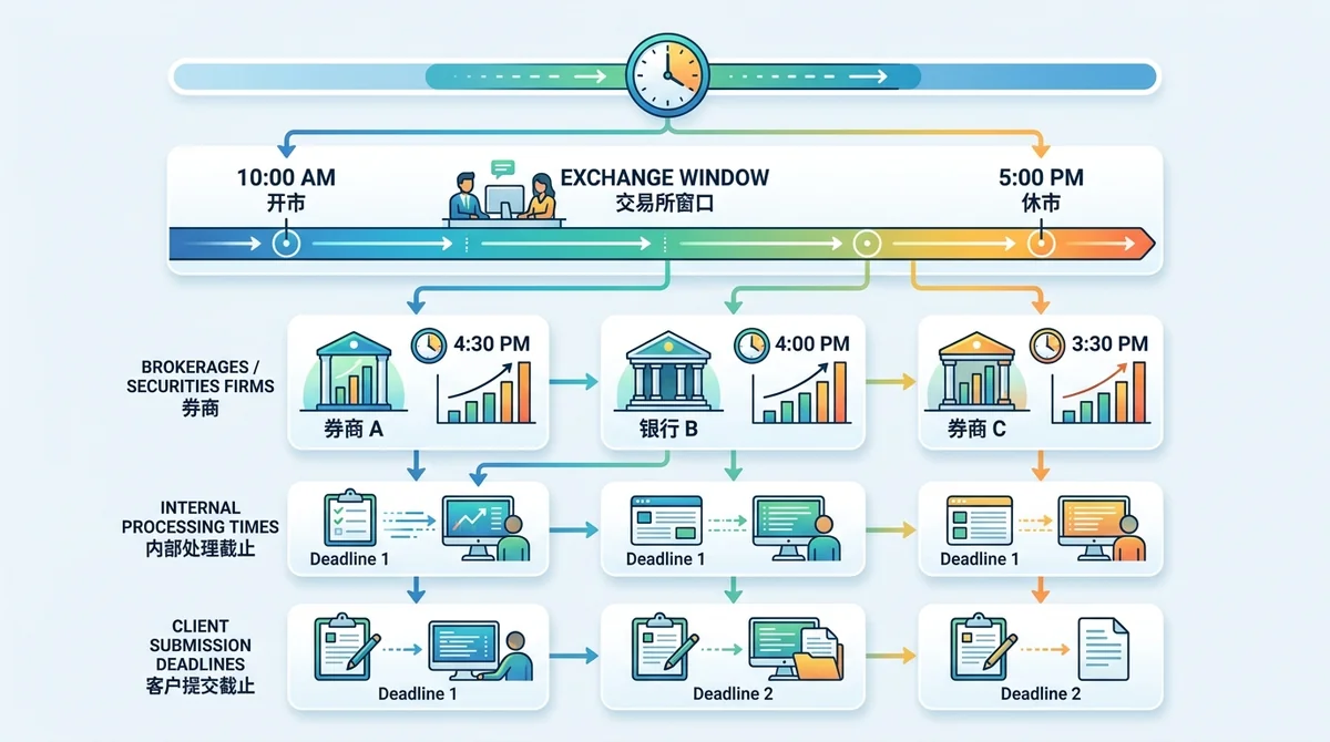 IPO申购时间窗口流程图：展示从交易所窗口10:00 AM-5:00 PM到券商/银行内部截止时间的层级关系