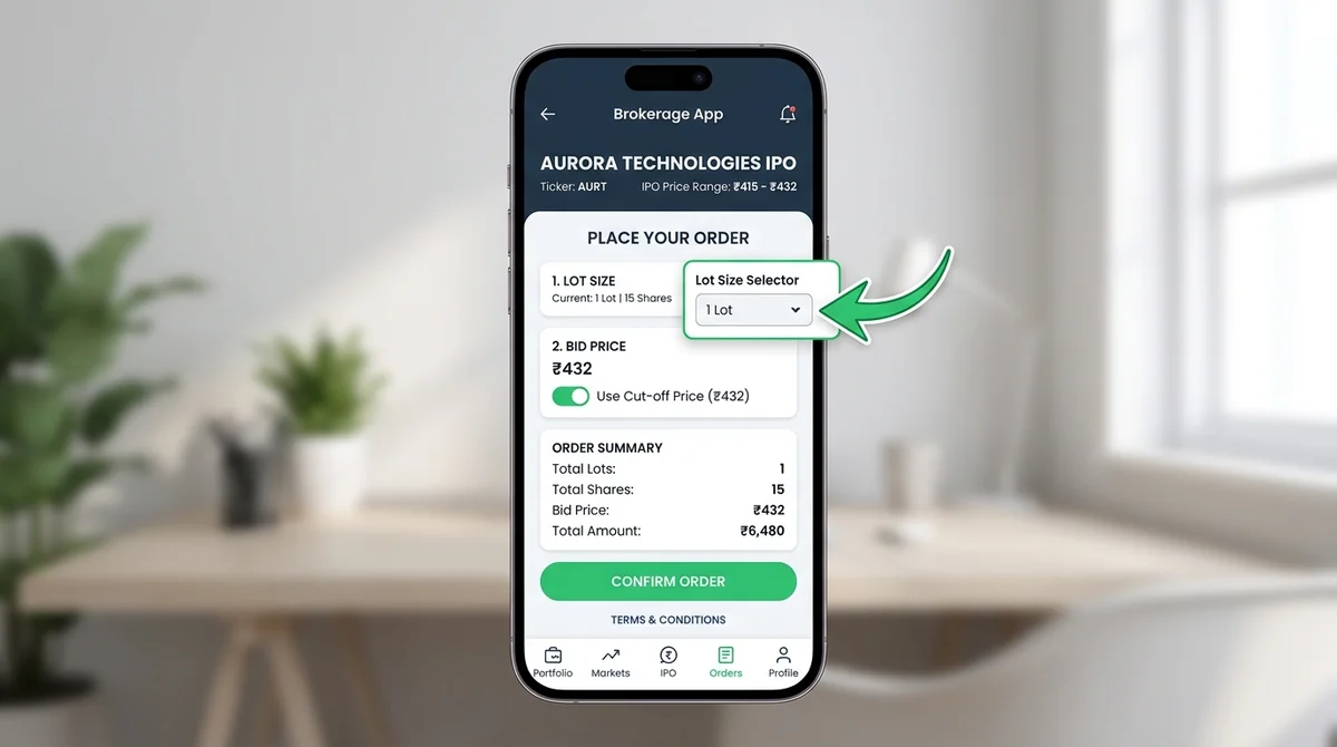 Mobile app screenshot mockup, broker IPO order screen, fields for lot size and bid price, arrow highlighting lot size selecto