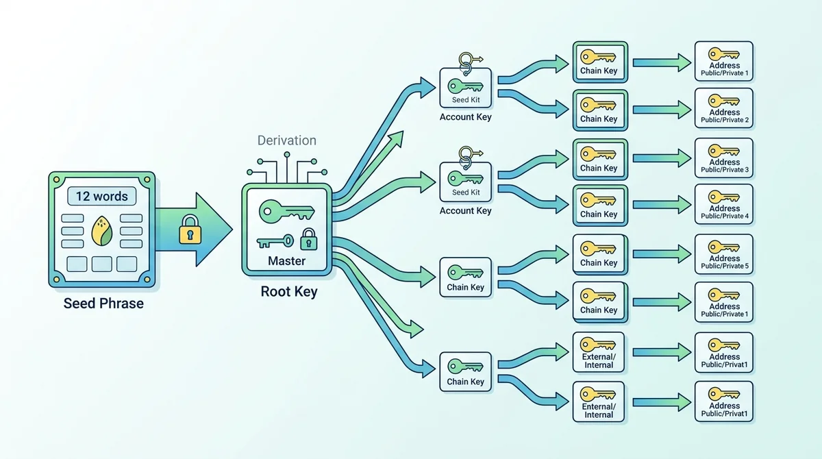Diagram showing the relationship between seed phrase, root key, and child keys in an HD wallet, with arrows indicating one-wa