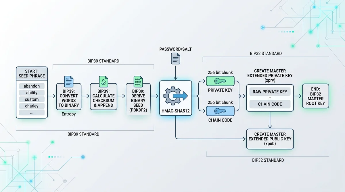 Flowchart illustrating the process of generating a root key from a seed phrase using BIP39 and BIP32 standards, including HMA