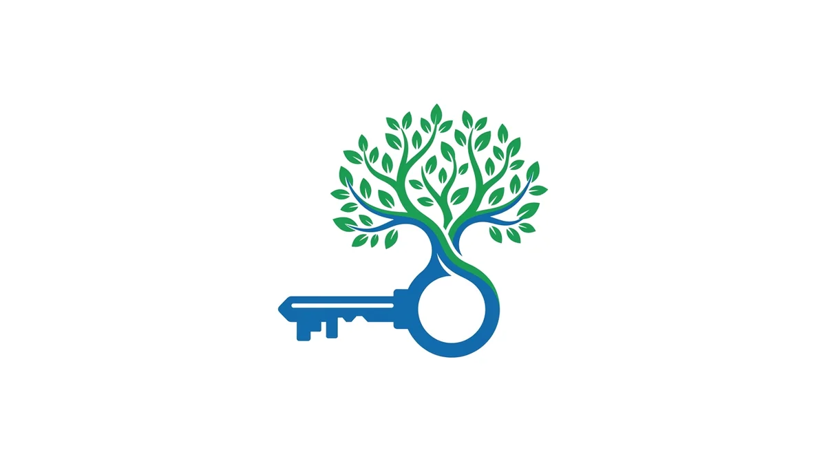 Clean flat icon, single key with a tree-like branching structure growing from its bow, minimalist, blue and green brand color