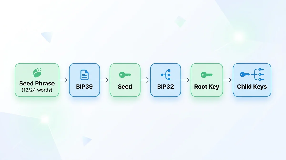 Wide 16:9 horizontal infographic, flow diagram with rounded rectangles and arrows: Seed Phrase (12/24 words) → BIP39 → Seed →