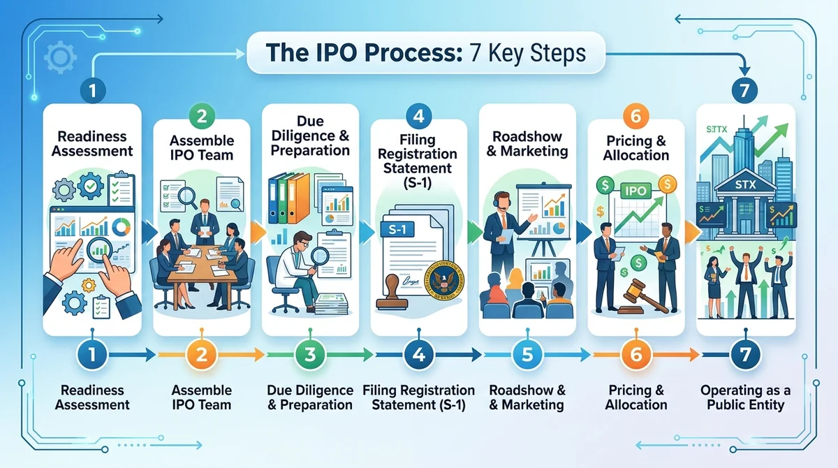 Infographic illustrating the seven key steps in the IPO process from readiness assessment to operating as a public entity, us