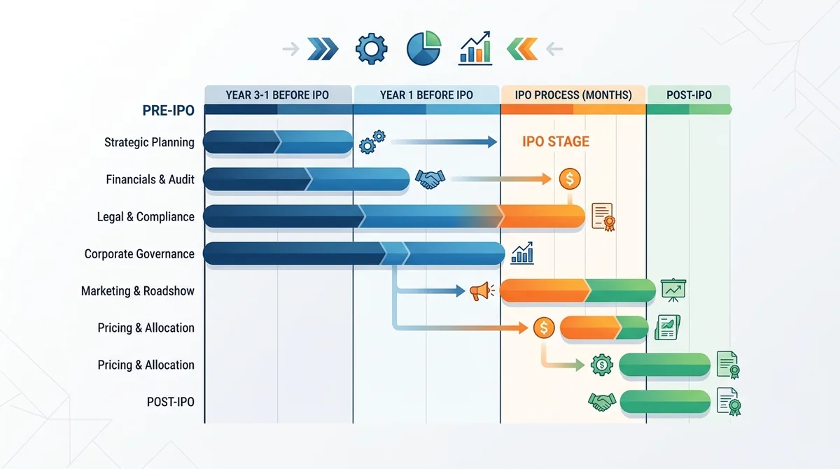 Bar chart comparing the timeline and key activities of pre-IPO stage vs IPO stage, showing duration and focus areas