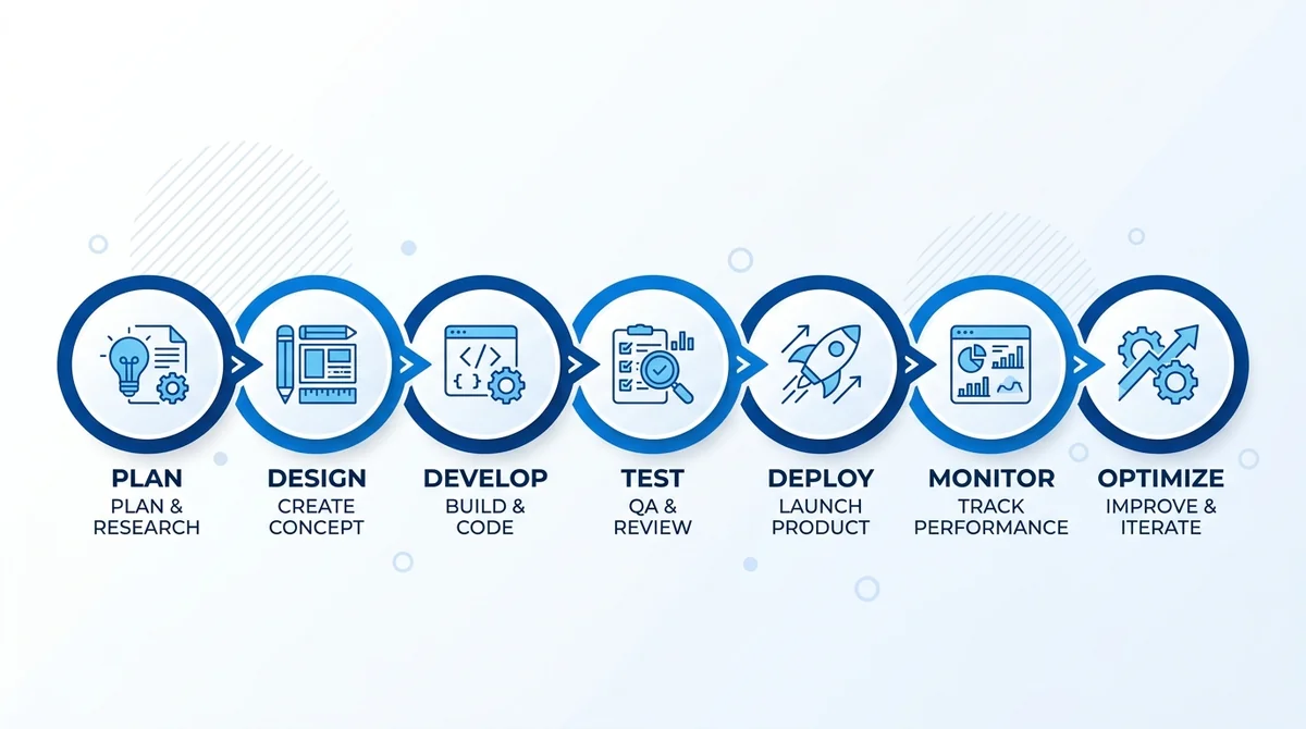 Horizontal flowchart infographic with seven connected steps, each step as an icon with a short English label, arrows showing