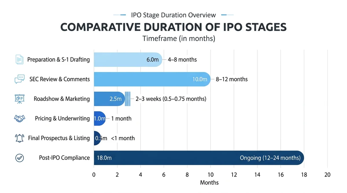 Horizontal bar chart comparing duration of IPO stages, x-axis labeled 'Months', y-axis with stage names in English, bars in d