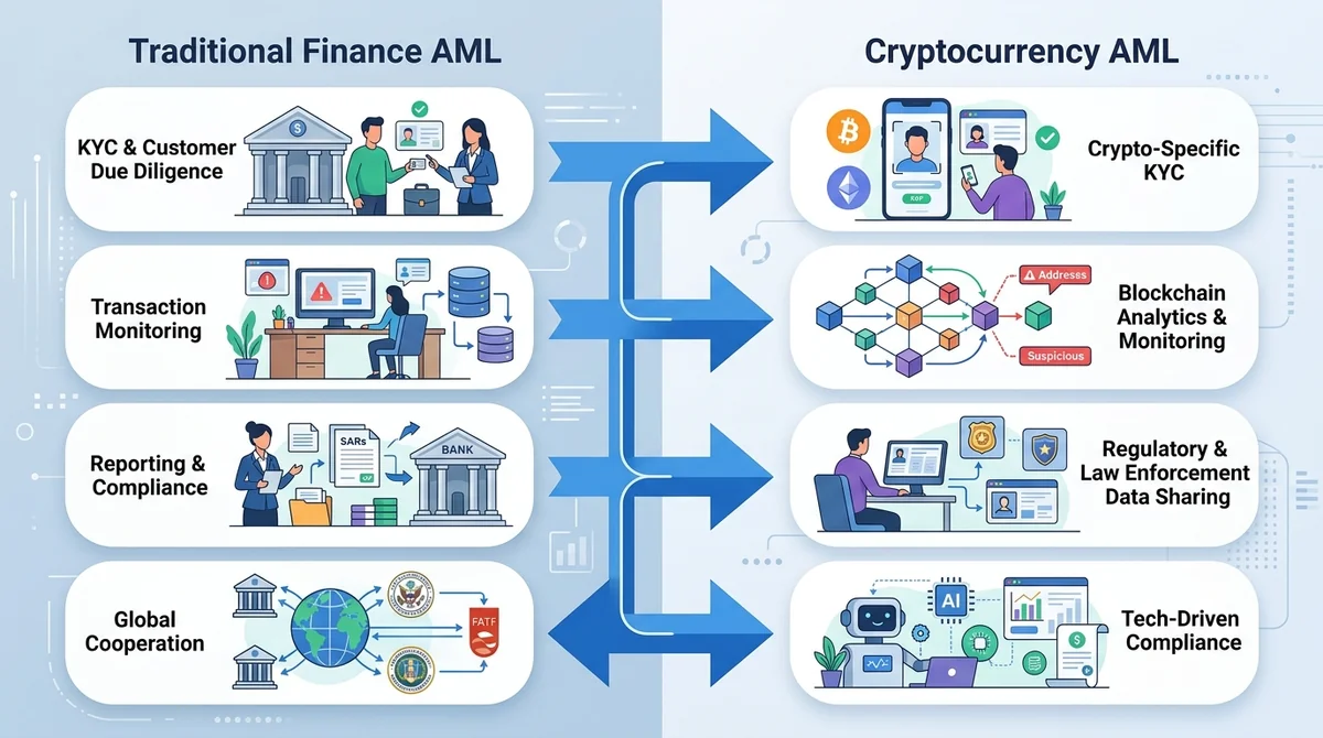 传统金融AML与加密货币AML对比信息图，左侧列出传统金融特点，右侧列出加密AML特点，中间用箭头连接