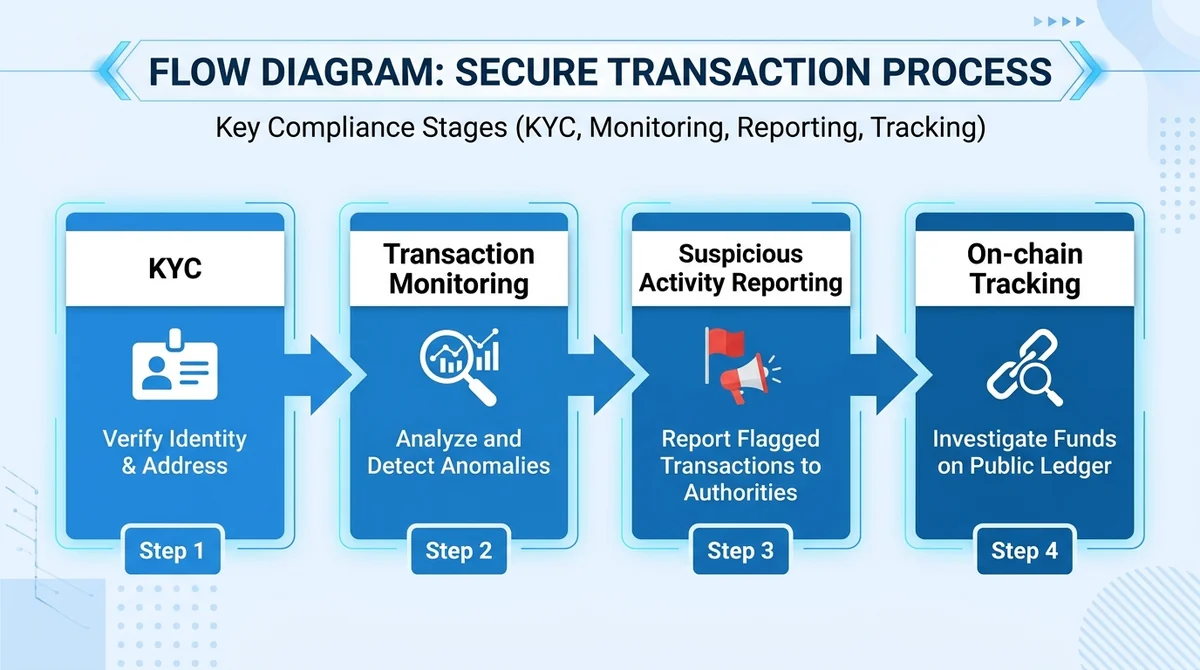 Horizontal flow diagram with four rectangular steps connected by arrows, each step labeled in English: 'KYC', 'Transaction Mo