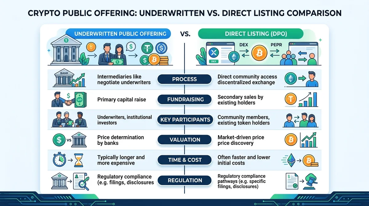 Comparison chart showing the key differences between an underwritten public offering and a direct listing in crypto, using a