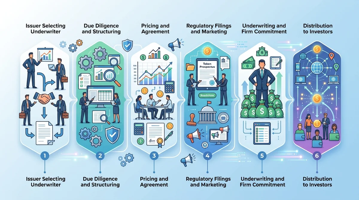 Step-by-step infographic illustrating the process of an underwritten token offering, from issuer selecting underwriter to dis