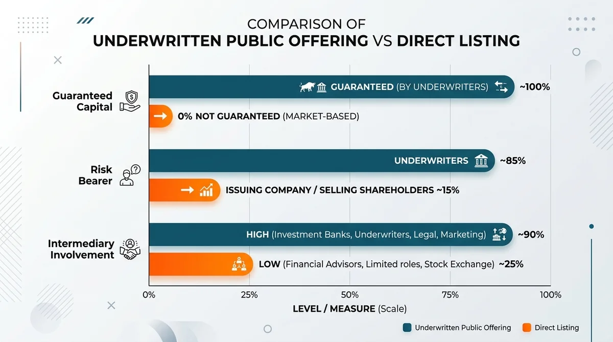 Wide 16:9 horizontal bar chart comparing underwritten public offering and direct listing, categories: guaranteed capital, ris