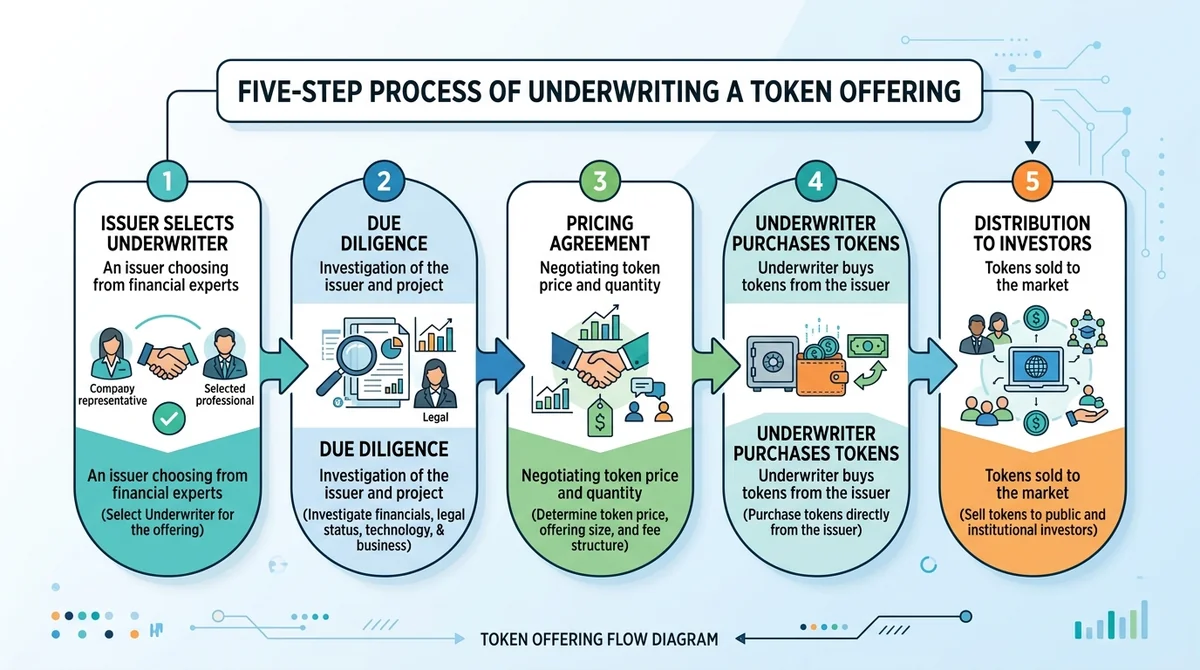 Wide 16:9 horizontal infographic, five-step flow diagram of underwriting a token offering, steps: issuer selects underwriter,