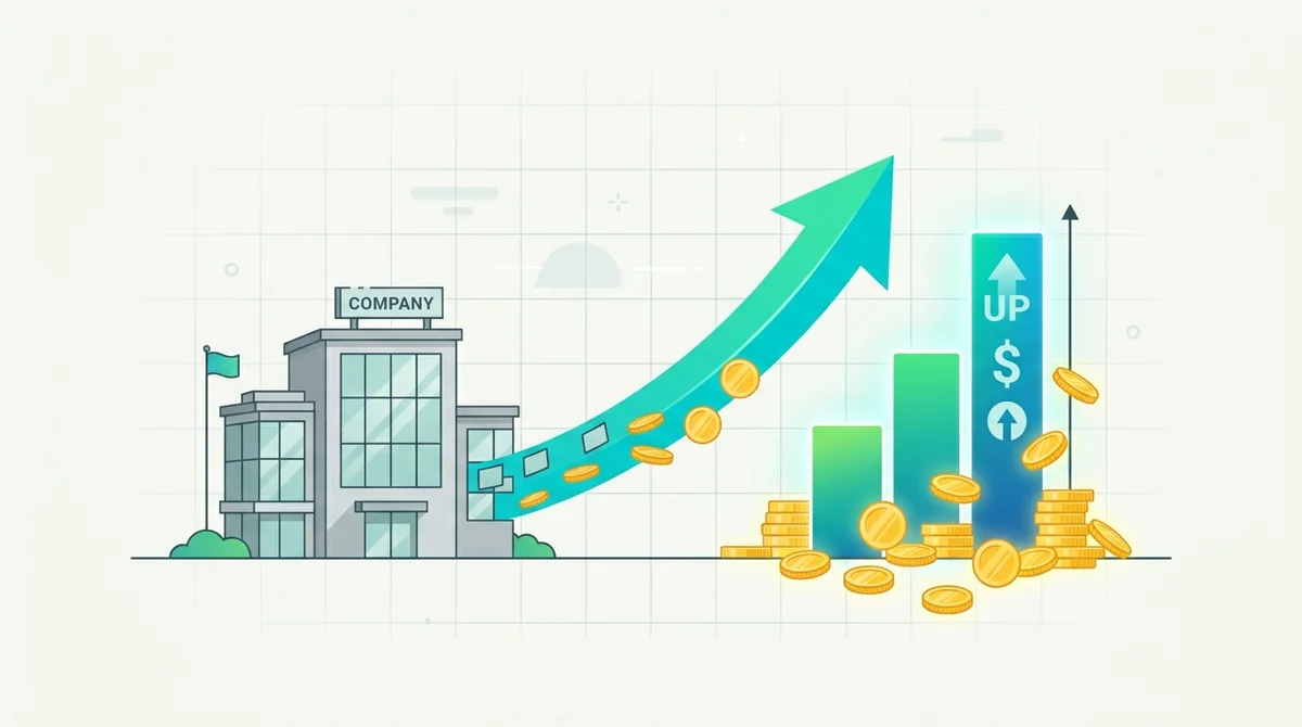 Simple icon illustrating the concept of an IPO: a company building transforming into a public stock with upward arrow and coi