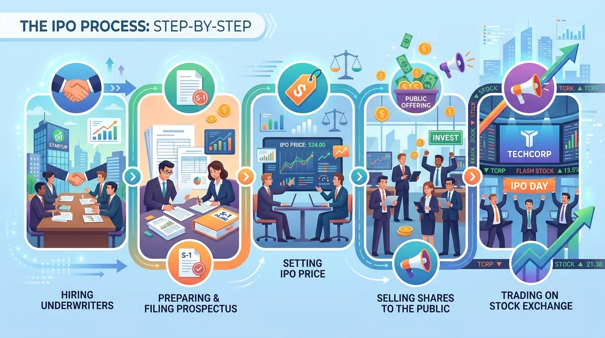 Infographic explaining the IPO process step by step: company hires underwriters, files prospectus, sets IPO price, shares sol