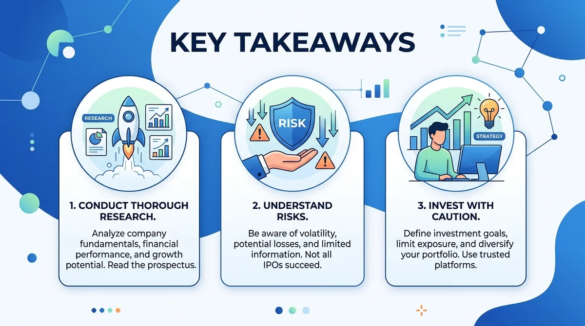 Wide 16:9 horizontal infographic, three bullet points summarizing key takeaways about online IPO investing, modern flat desig