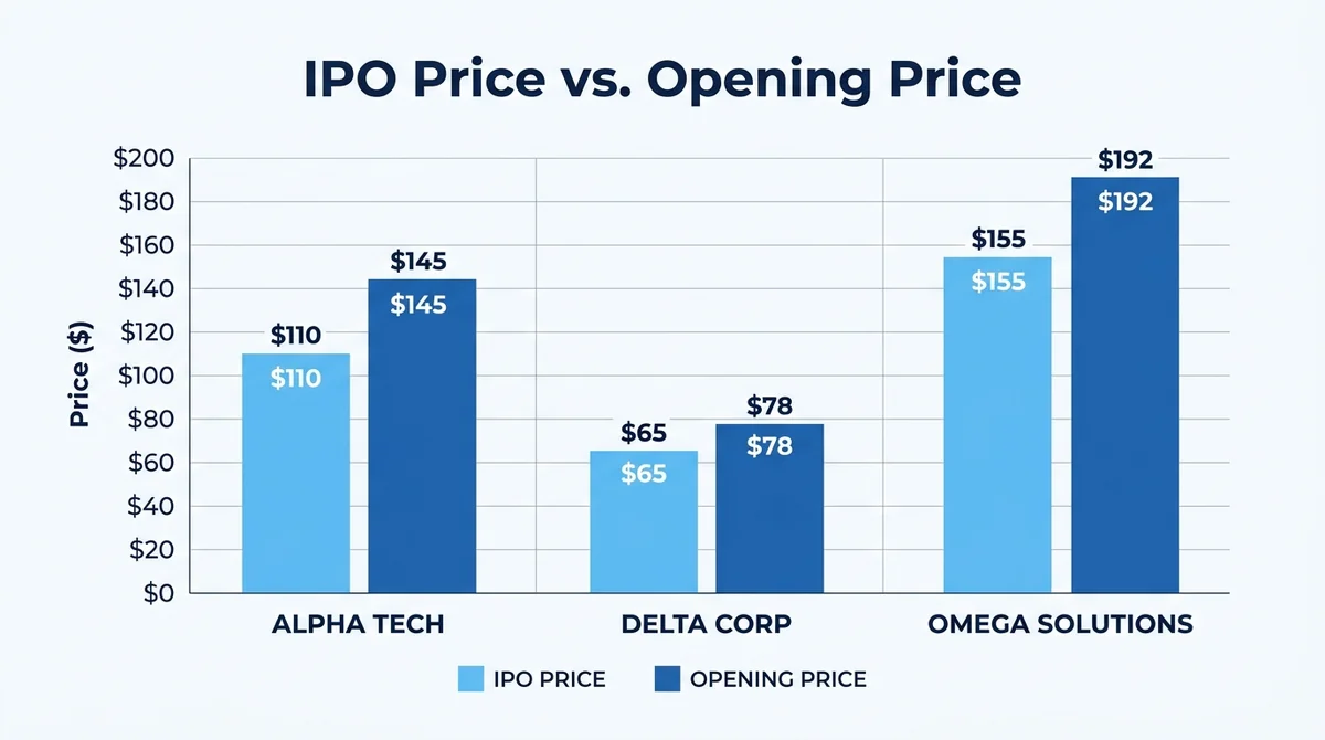 Wide 16:9 horizontal bar chart, comparing IPO price and opening price for three example companies, dollar values on y-axis, c