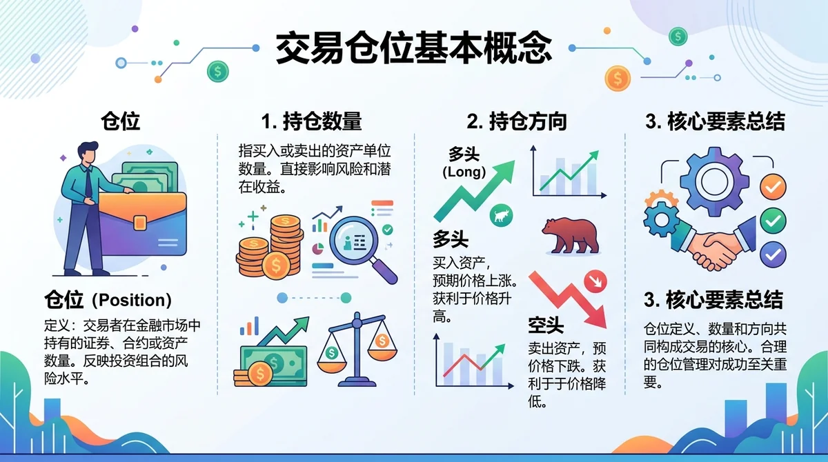 交易仓位基本概念信息图:展示仓位定义、持仓数量、持仓方向三个核心要素