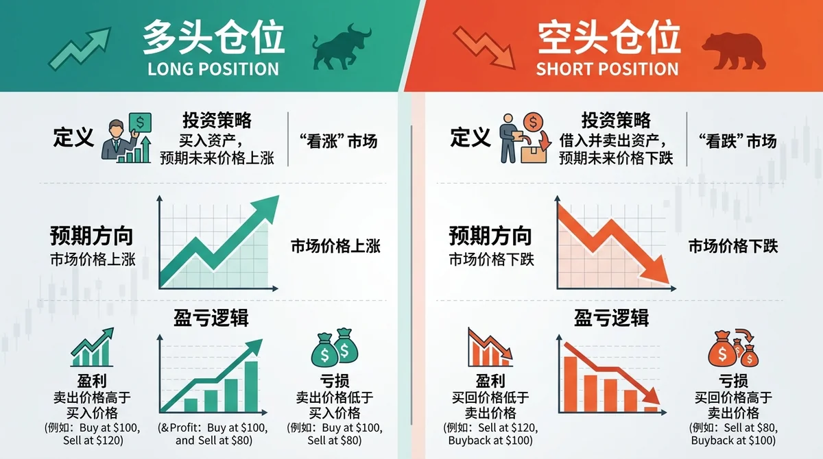 多头仓位与空头仓位对比图:左右分栏展示定义、预期方向、盈亏逻辑