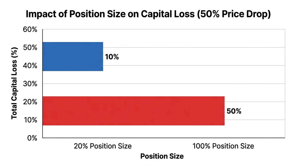 Horizontal bar chart with two bars, x-axis labeled 'Position Size', y-axis labeled 'Total Capital Loss (%)', first bar 20% po