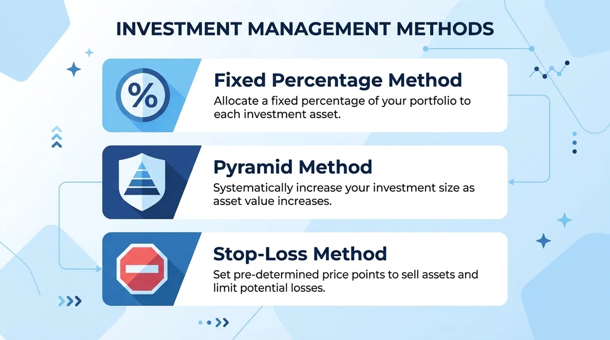 Vertical infographic with three horizontal sections, each section has a flat icon (percentage sign, pyramid shape, stop sign)