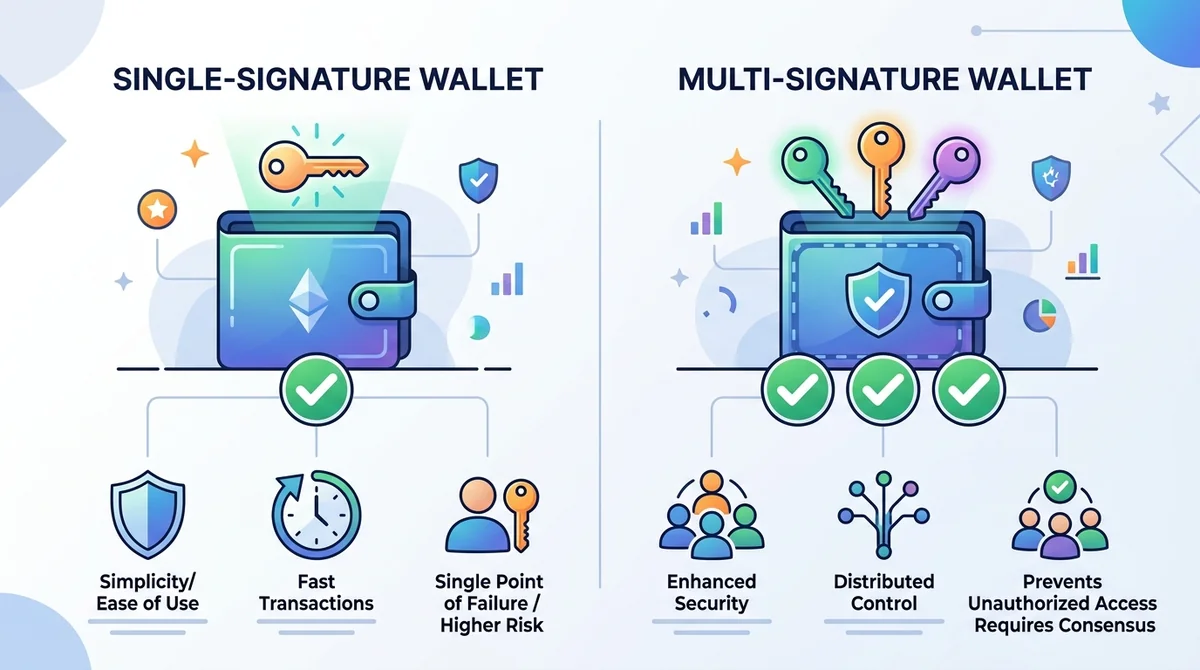Infographic comparing single signature wallet vs multi signature wallet. Left panel shows one key and one signature, right pa