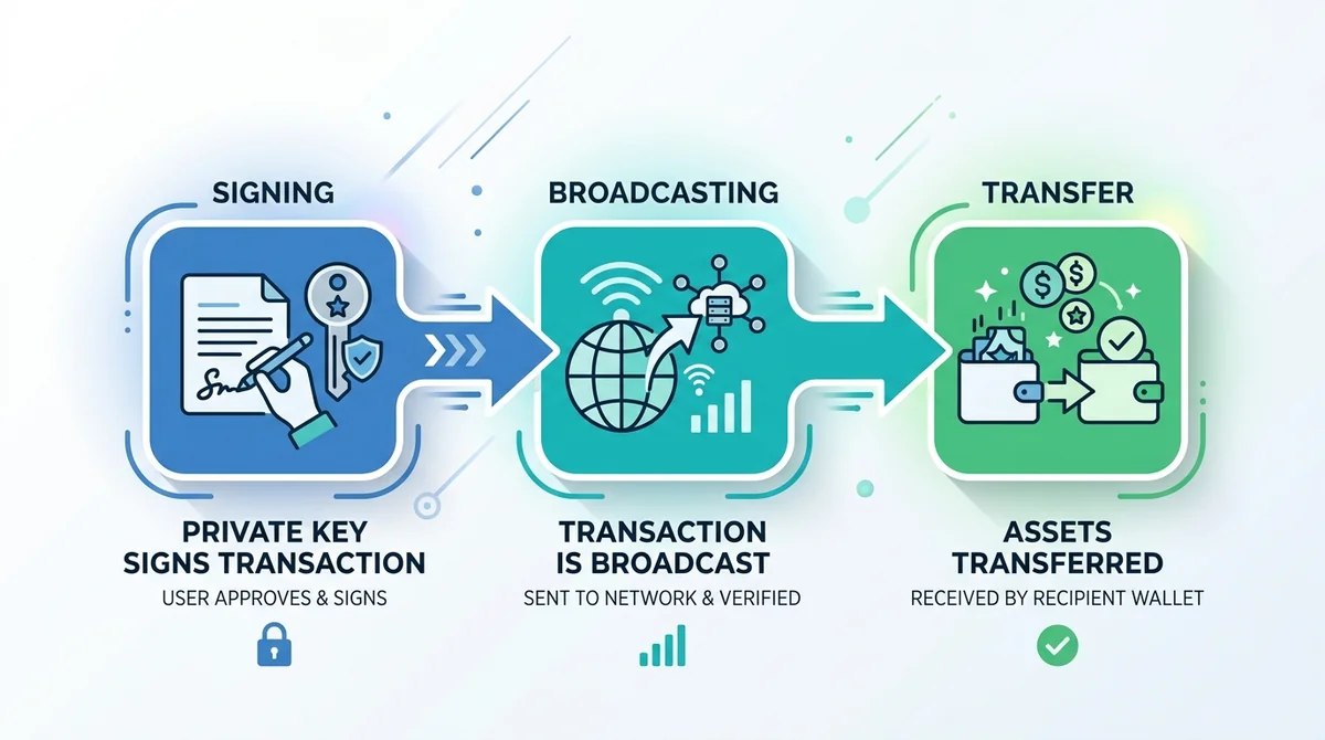 Flow diagram showing how a single signature wallet works: private key signs transaction, transaction is broadcast, assets tra