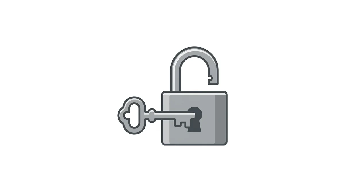 Clean flat icon, single key unlocking a single lock, minimal decoration, centered on white background, no text, English only