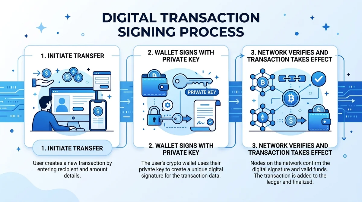 Wide 16:9 horizontal infographic, three-step flow diagram of signing process, step 1 initiate transfer, step 2 wallet signs w